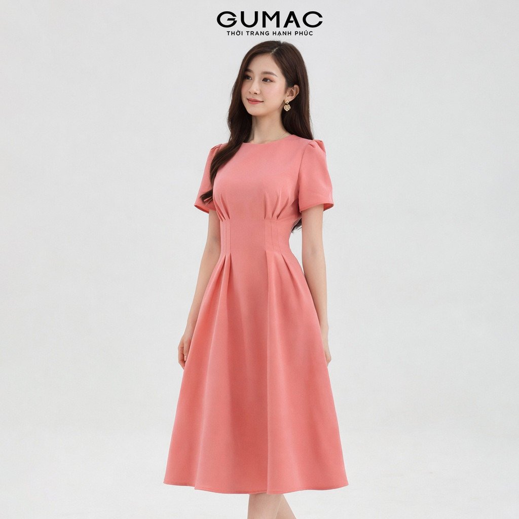 Đầm nữ dáng A xòe tay nhúng đầu vai thoải mái có chiết ly eo sang trọng thời trang GUMAC LDF0801