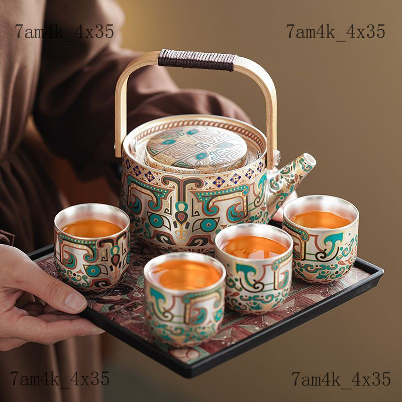 Bộ ấm tràBộ ấm tràBộ ấm trà Kung Fu mạ bạc thủ công, bộ ấm trà bạc dùng trong gia đình, bộ ấm trà gố