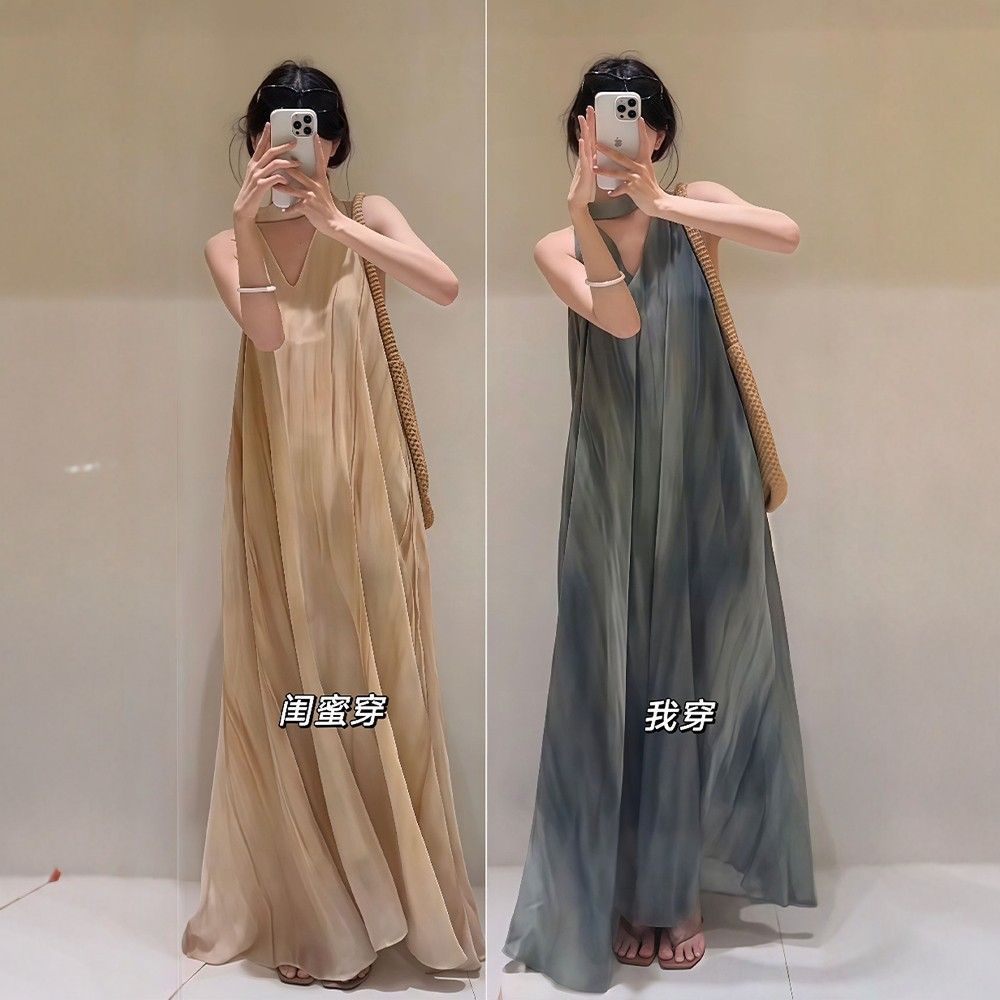 Sleeveless vacation top mm French-style long neck for plus-size women v Beautiful dress with flowing