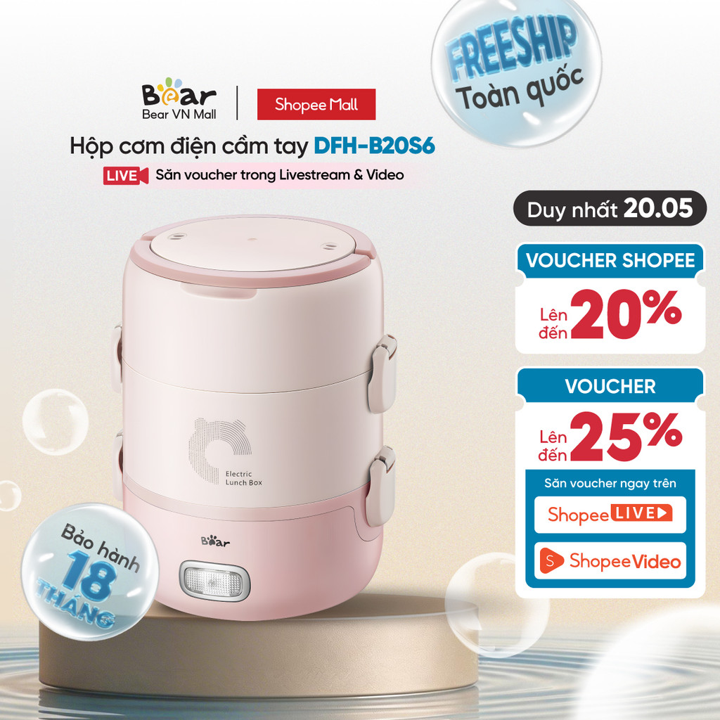 Hộp cơm điện cầm tay đa năng Bear DFH-B20S6 - Hàng chính hãng - Bảo hành 18 tháng