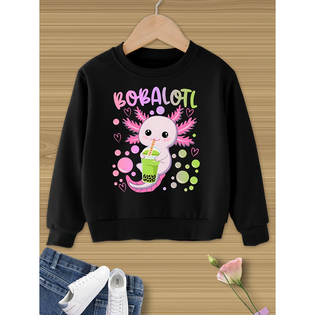 Áo nỉ trà bong bóng uống Axolotl - Áo chui đầu màu hồng mềm với đồ họa BOBA LOTL, áo len dài tay cho