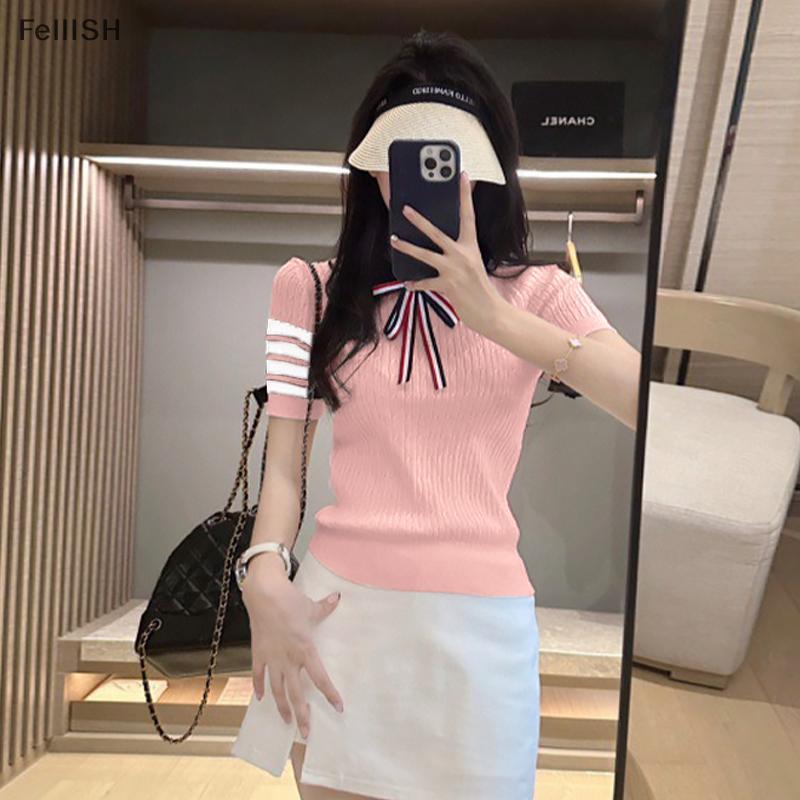 [Felli] Áo thun dệt kim ngắn tay thêu hoạt hình Hàn Quốc 436br