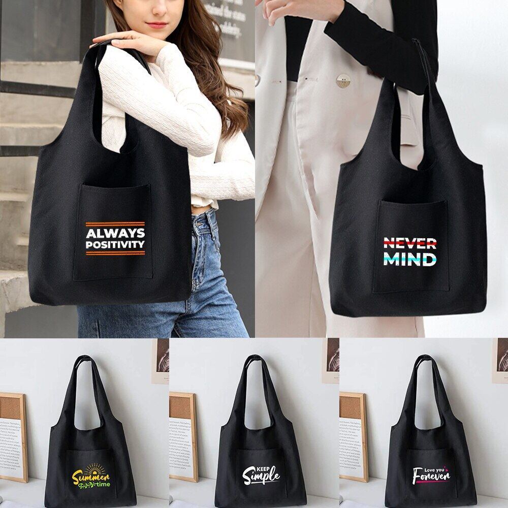 Trendy Shopping Bags  Ladies Canvas Shoulder Bags Phrase Printed Student Shopper Bags Travel Totes W