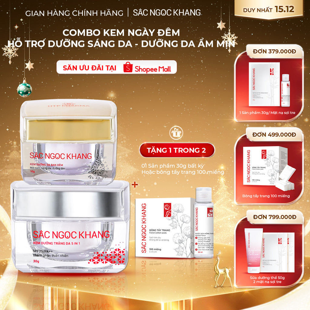 Combo Kem Dưỡng Trắng, Chống lão Hóa Ban Ngày 30g, Kem Đêm Sắc Ngọc Khang 10g - Ẩm Mịn, Nâng Tông, Chống Nắng