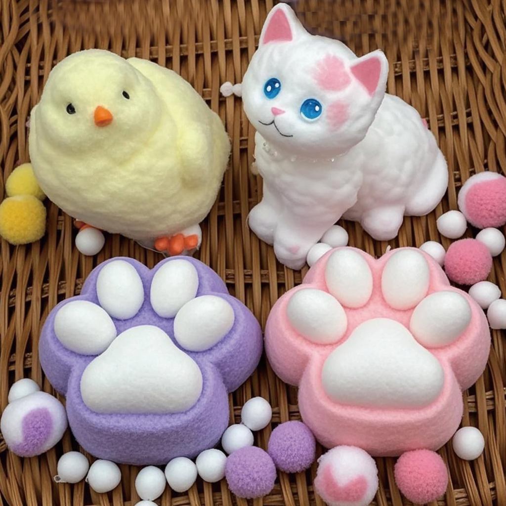 Gói Big Taba Squishy 4 Gói - Bộ đồ chơi Squishy Fufu kèm gà con, Mèo khổng lồ & 2 Paw Squishies, Đồ 