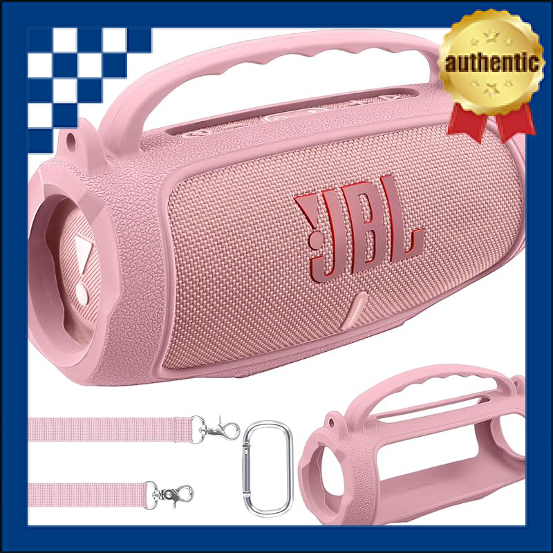 (Case only) Portable silicone case for JBL Charge 5 Bluetooth speaker with shoulder strap, pink - co