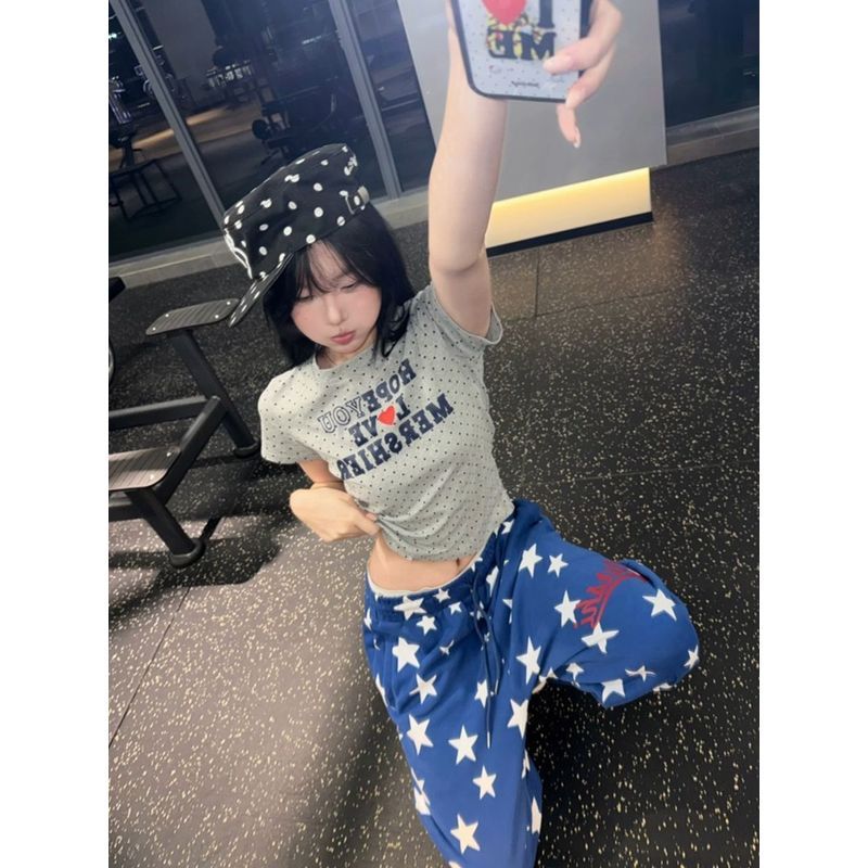 J5readystock American Retro Star Loose Wide Leg Lazy Mopping Hip Quần Áo Thun Nữ Tay Ngắn Bộ Đồ Hai 
