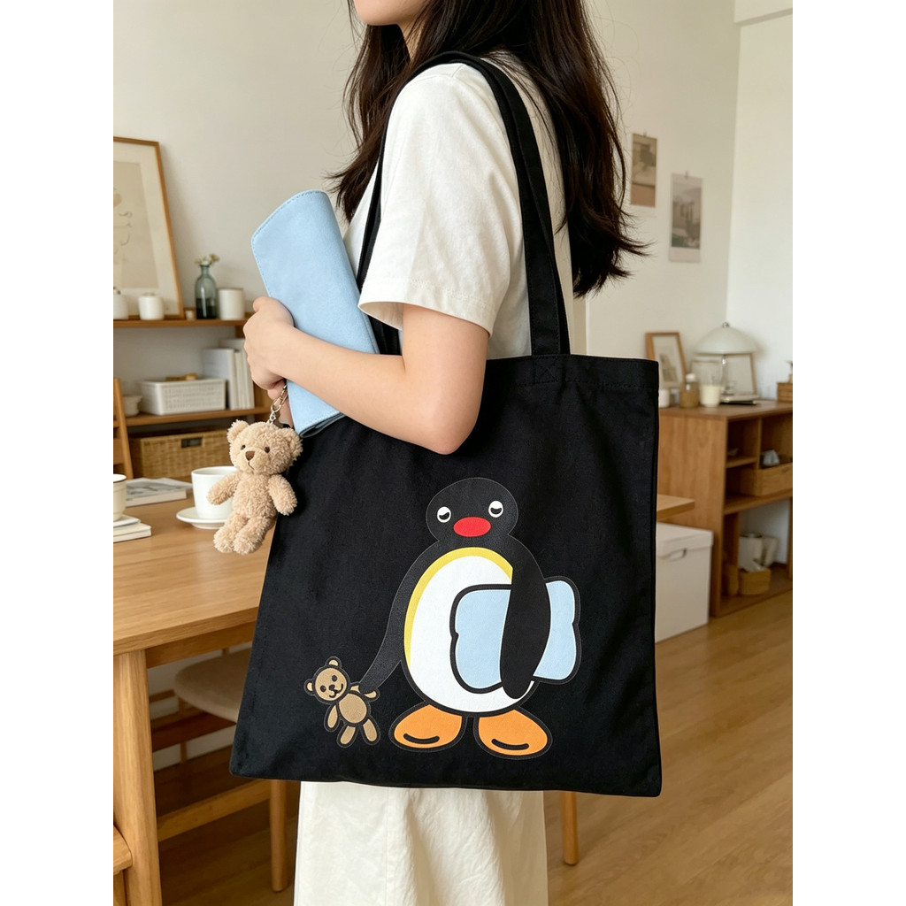 Chim cánh cụt Pingu dễ thương với túi Tote vải gấu bông - Túi đeo vai dung tích lớn dành cho học sin