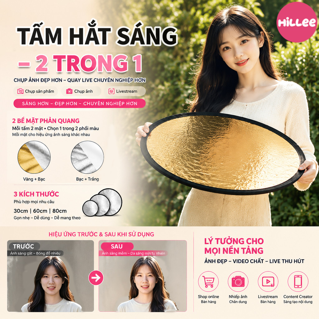 Tấm Phản Quang tròn 2 mặt, Tấm Hắt Sáng 2in1, vàng-bạc trắng-bạc, Size 30/60/80cm, tạo ánh sáng mịn(