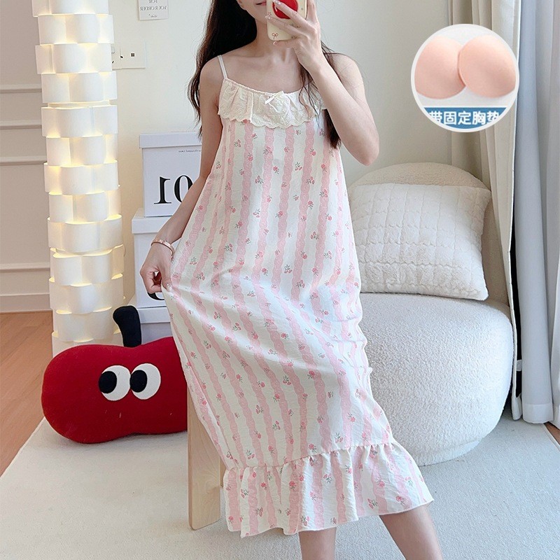 2026 Sling Váy Ngủ Nữ Có Miếng Lót Ngực Dệt Mây Cotton Cô Gái Ngọt Ngào Dịch Vụ Nhà Váy Dài 21ET