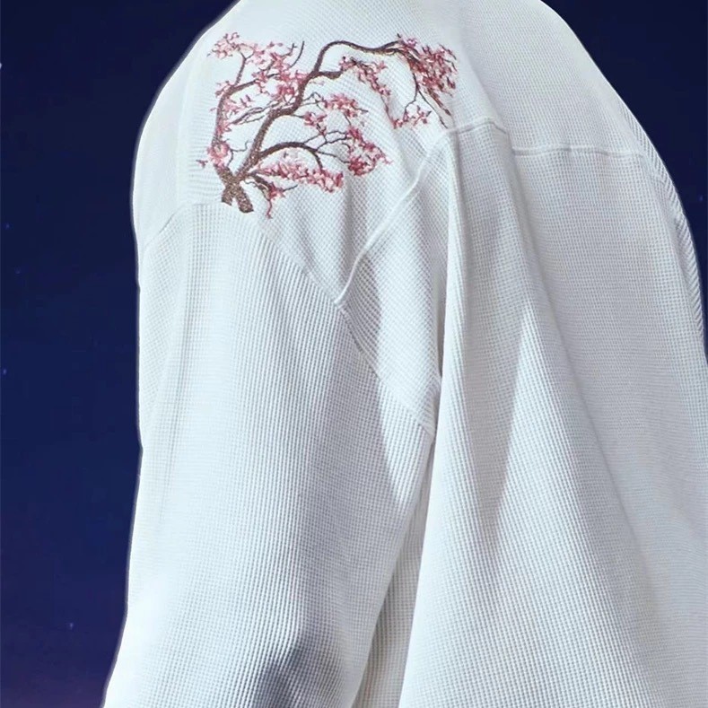 ASSN Derschutze Blossom Cherry Blossom Embroidered Waffle Long Sleeve T-Shirt Base Shirt Hip-Hop Top