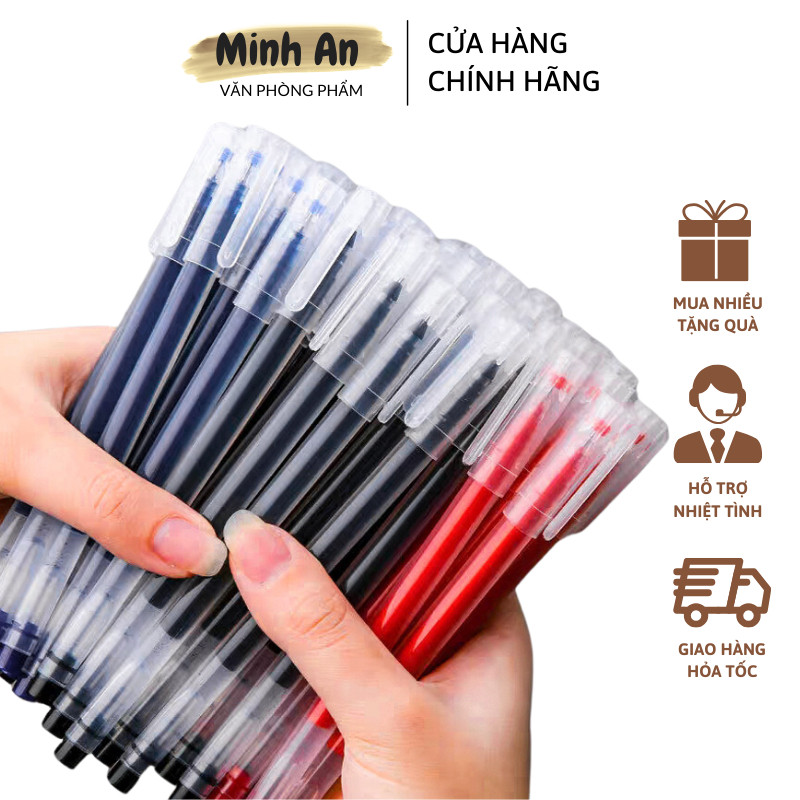 Combo 50 Bút gel đen xanh đỏ ngòi 0.5mm, bút bi nước viết trơn mực đều, mực khô nhanh - Bút mực gel 