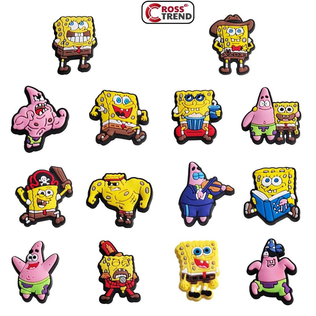 Charm gắn dép cross Bọt Biển, Nút gắn sticker dép cross trang trí cham 2D hoạt hình nhựa PVC CROSS T