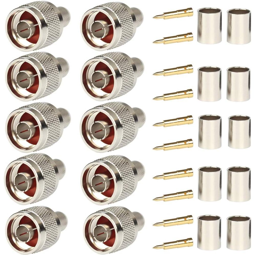 Gói 10 N Nam Cắm Crimp Connector 50 ohm Cho LMR400 Belden 9913 RG8 Niken Gia Công Đồng Thau Xây Dựng