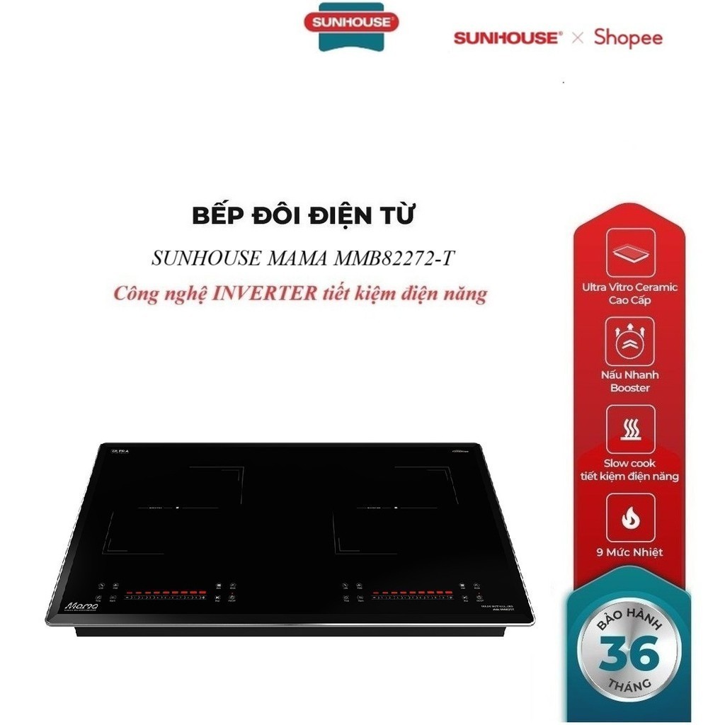 BẾP ĐÔI ĐIỆN TỪ SUNHOUSE MAMA MMB82272-T , Booster nấu nhanh - 9 mức chỉnh, có tính năng slow cook, 