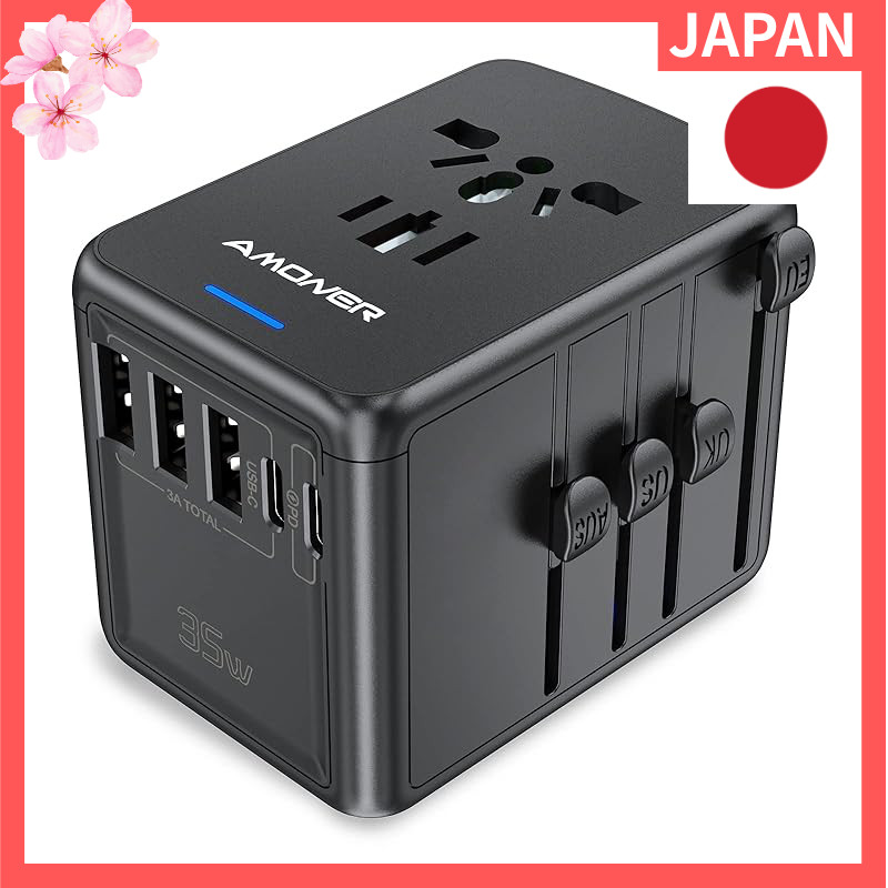 Amoner Power Adapter - Overseas Power Conversion Adapter with Fast Charging, featuring 3 USB-A Ports