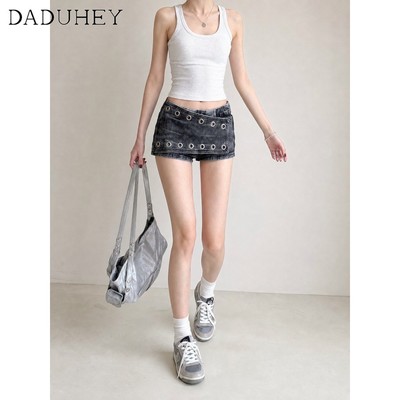 DaDuHey American Retro Punk Hot Girl Low Waist Denim Super Short Shorts Female Summer Street Punk Belt Washed Hot Pants Tide