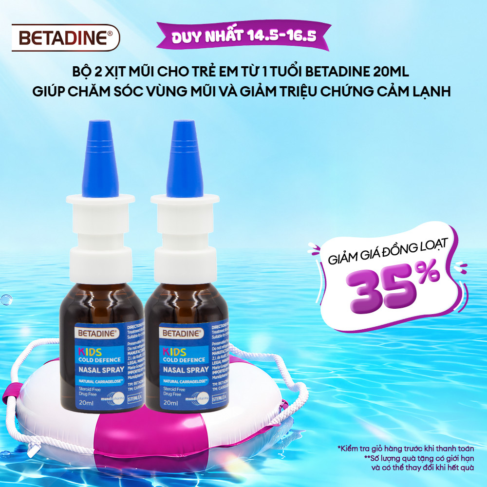 Bộ 2 xịt mũi cho trẻ em từ 1 tuổi Betadine 20ml giúp chăm sóc vùng mũi và giảm triệu chứng cảm lạnh