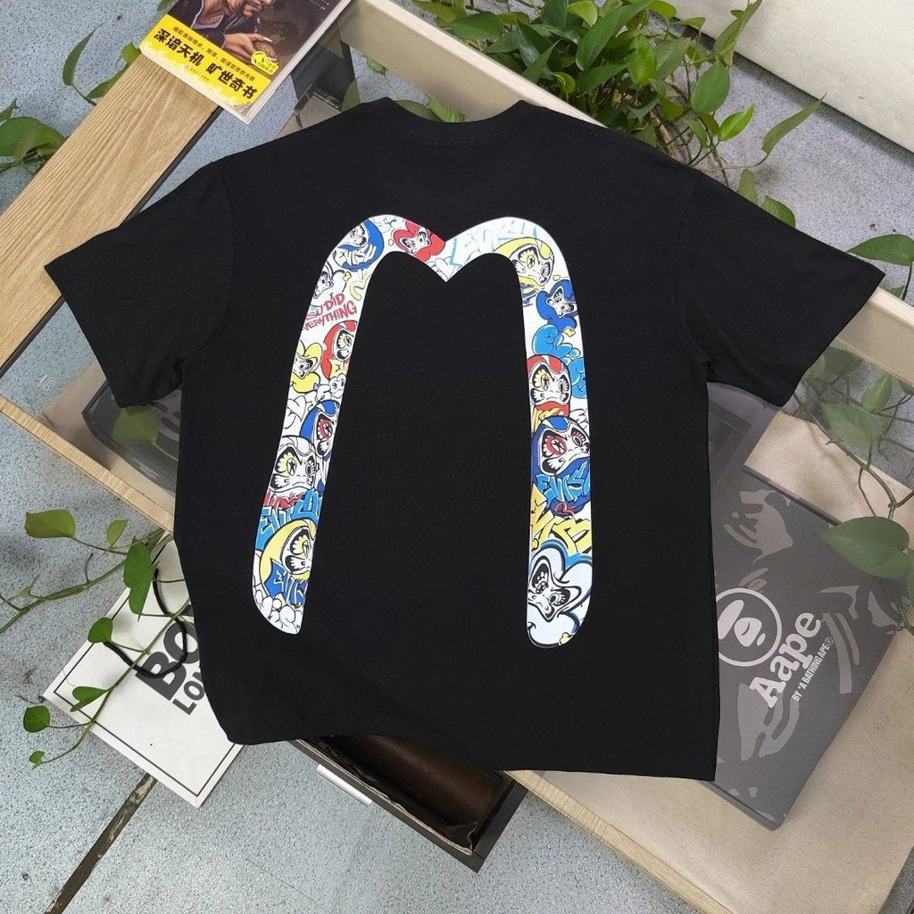 EVISU / God of Fortune 2026 Áo thun ngắn tay cổ tròn phong cách cặp đôi Áo thun in logo in hình màu 