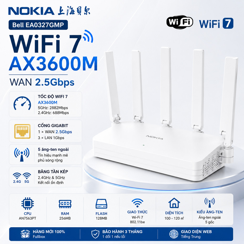 Bộ Định Tuyến Wifi7  WAN 2.5Gbps Không Dây Nokia Bell Ea0327gmp 3600m Băng Tần Kép 5G Gia Đình Gigab