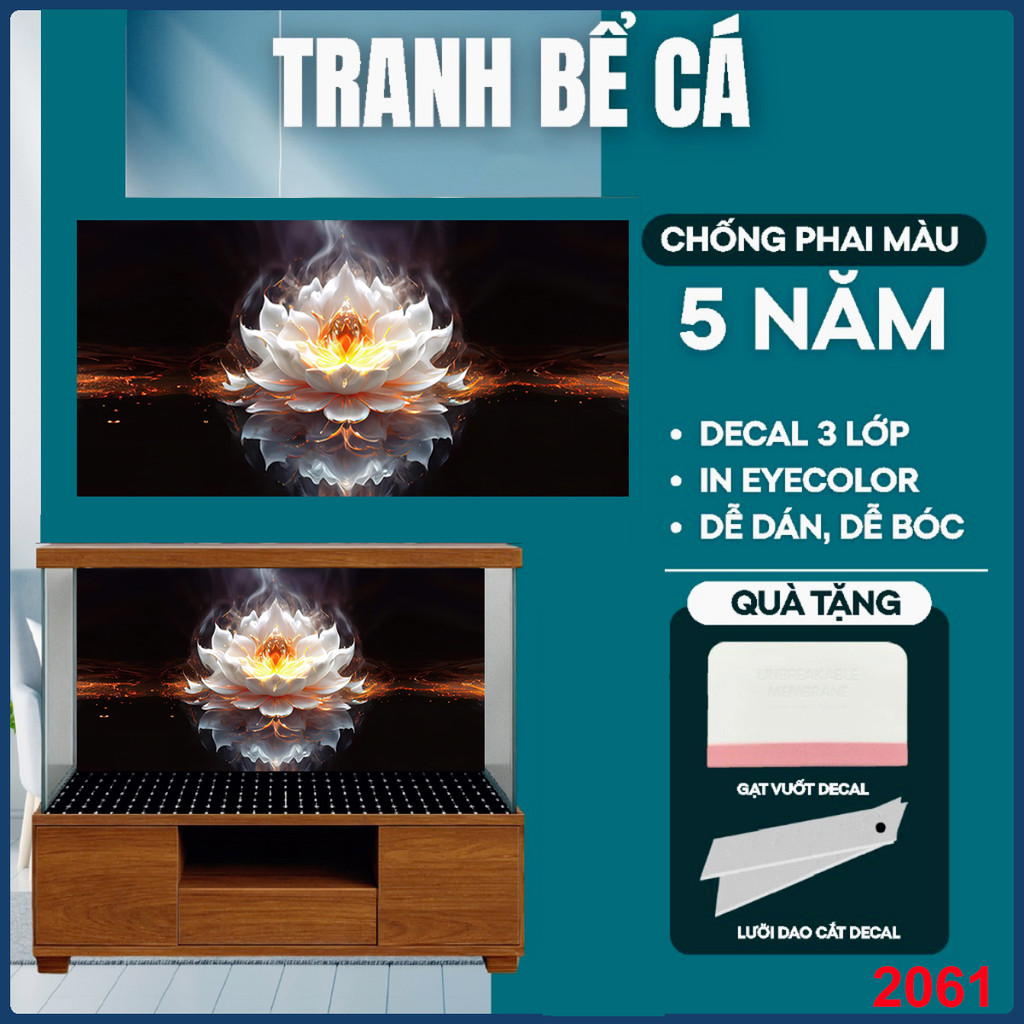 Tranh dán bể cá - decal dán bể cá 3D -Mẫu tranh hoa sen hồng vàng 3D  - 2061- decal dán bể cá cảnh