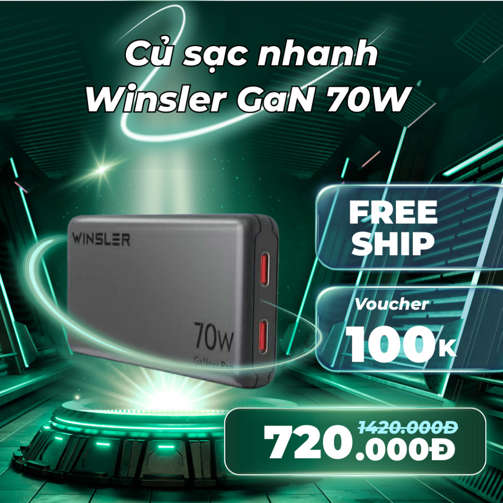 Củ Sạc Nhanh GaN 70W Winsler 2C Slim Siêu Mỏng - Dành Cho Laptop, Điện Thoại
