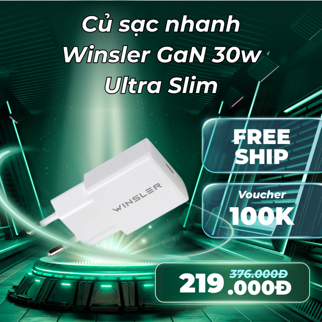 Củ sạc nhanh Winsler GaN 30w Ultra Slim sạc nhanh phù hợp cho nhiều dòng điện thoại IP, Samsung.