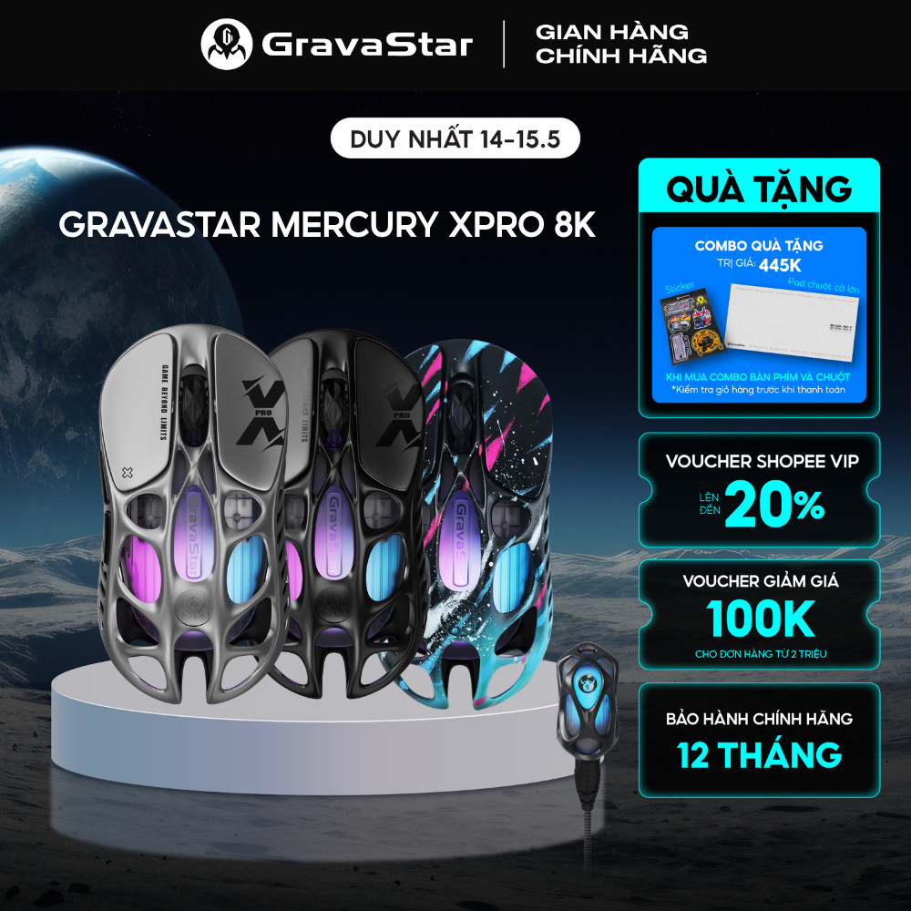 Chuột Gaming Không Dây GravaStar Mercury X Pro 8KHz RGB (Kèm Dongle 8K) 32.000DPI, PAW3950, Siêu nhẹ