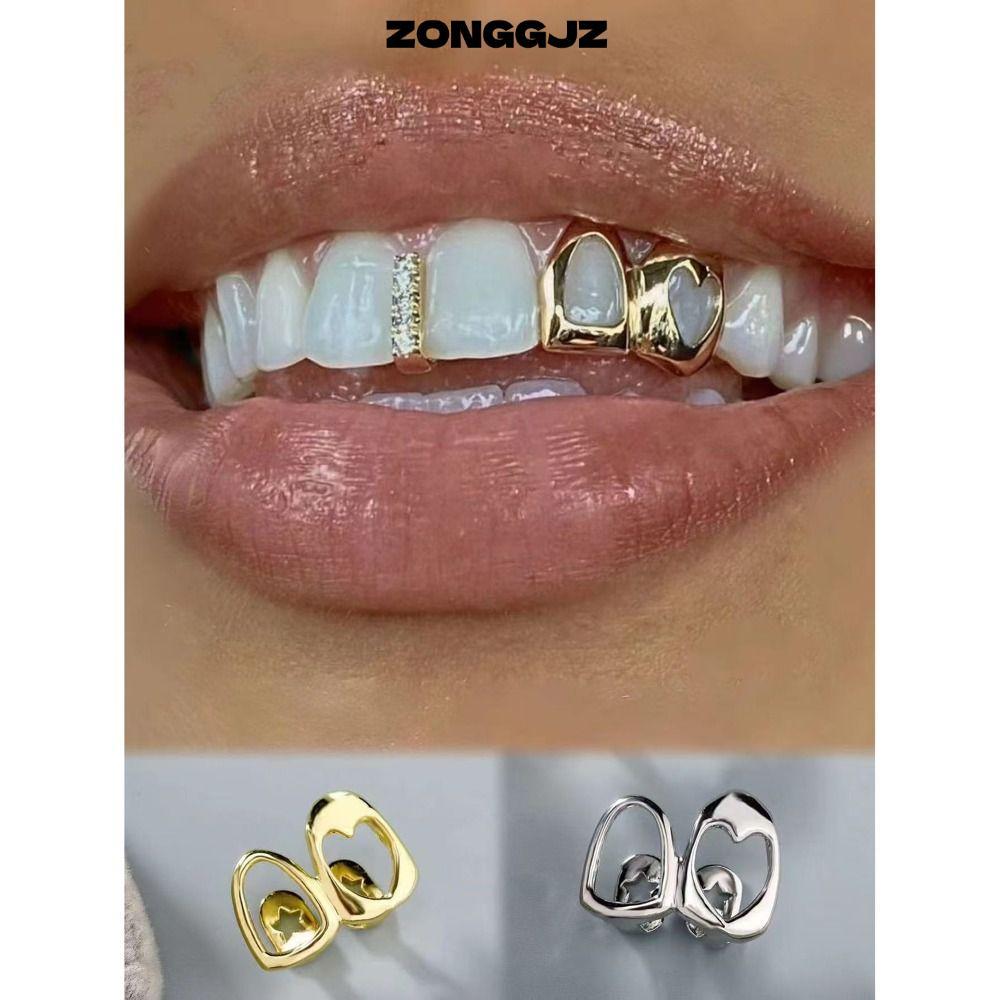 ZONGGJZ Hip Hop Răng Grillz, Màu Vàng Sáng Bóng Grillz, Trái Tim Rỗng Đôi Trái Tim Đồng Răng Mũ Tran