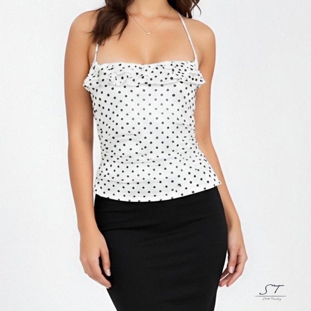 CY03 - Áovest không lưng chấm bi dây spaghetti, slim fit, thời trang mùa hè