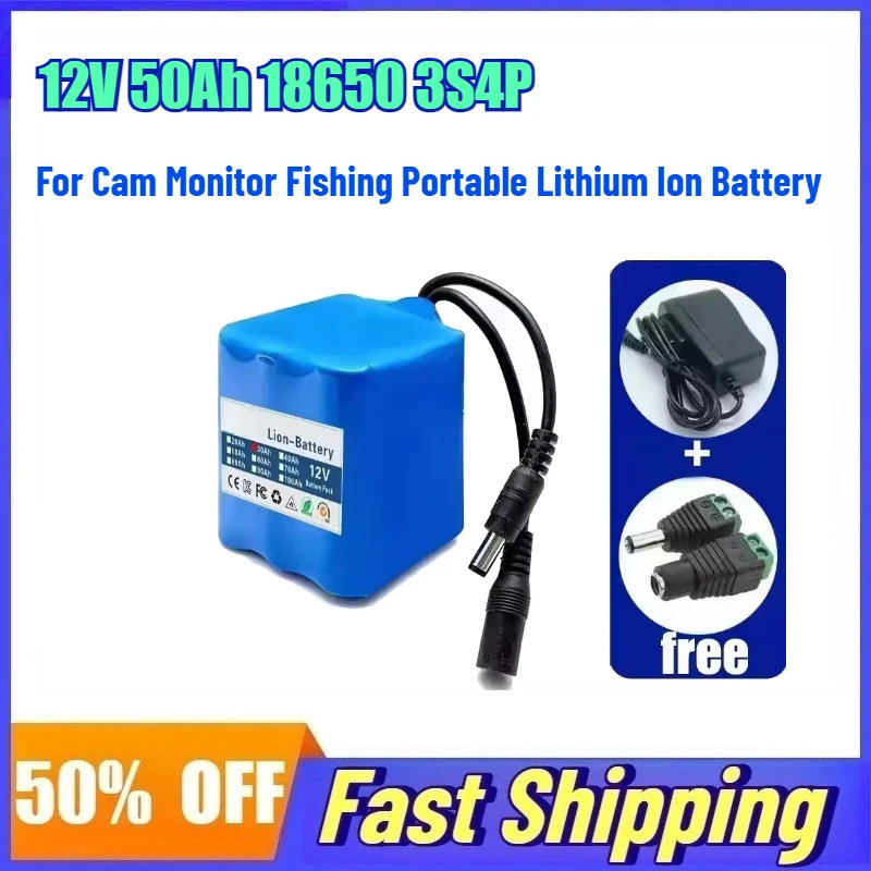 12V 50Ah 18650 3S4P Pin Sạc Cho Cam Màn Hình Câu Cá Pin Lithium Di Động