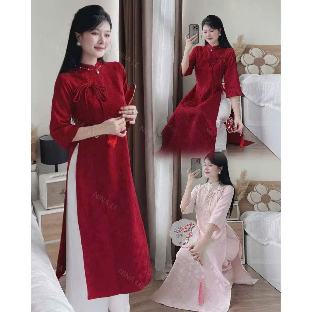 Sét Bộ Áo Dài Tết Gấm Lụa BY2216 Họa Tiết Vân Hoa Văn Ánh Nhủ Hàng Tuyển Cực Xinh Cho Nàng Có Size T