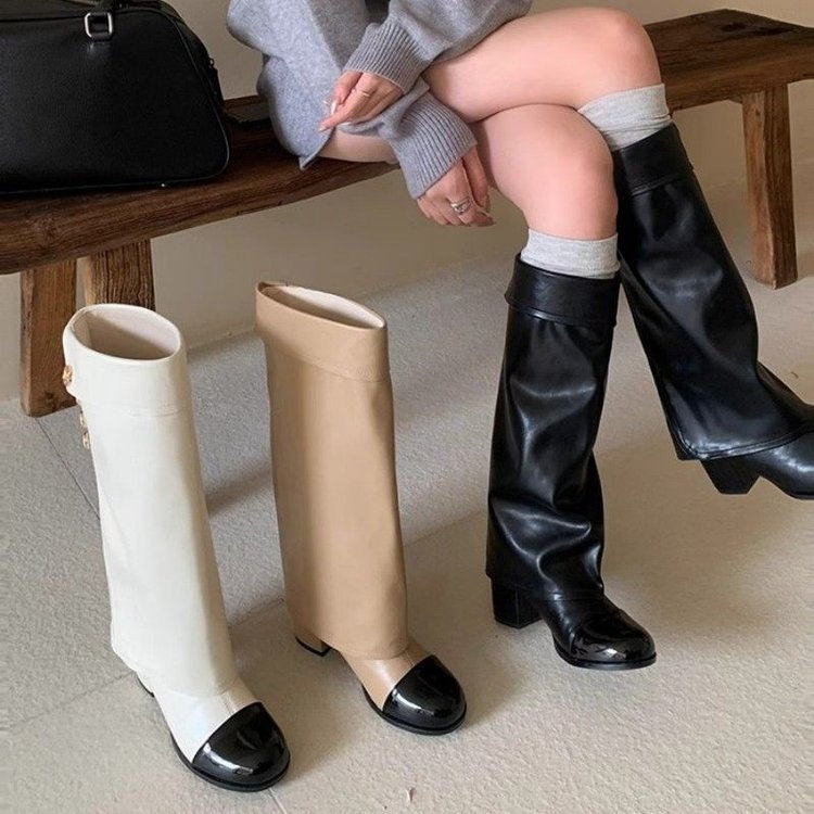 Mùa Đông Ngón Chân Dày Gót Cao Gót Ống Cao Tay Thời Trang PU Thời Trang Mặc Ngoài Trời Chống Trơn Trượt Chống Mài Mòn Ống Dài Giày Nhà Máy Giá Bán Buôn