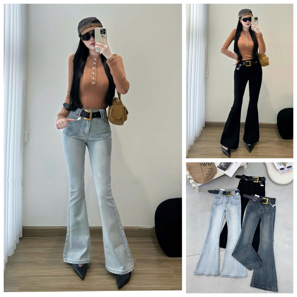 [Follow shop nhận mã 10k] Quần dài jeans denim loe kèm đai Meo Meo Shop QCCC QCL1 QD1191 3257