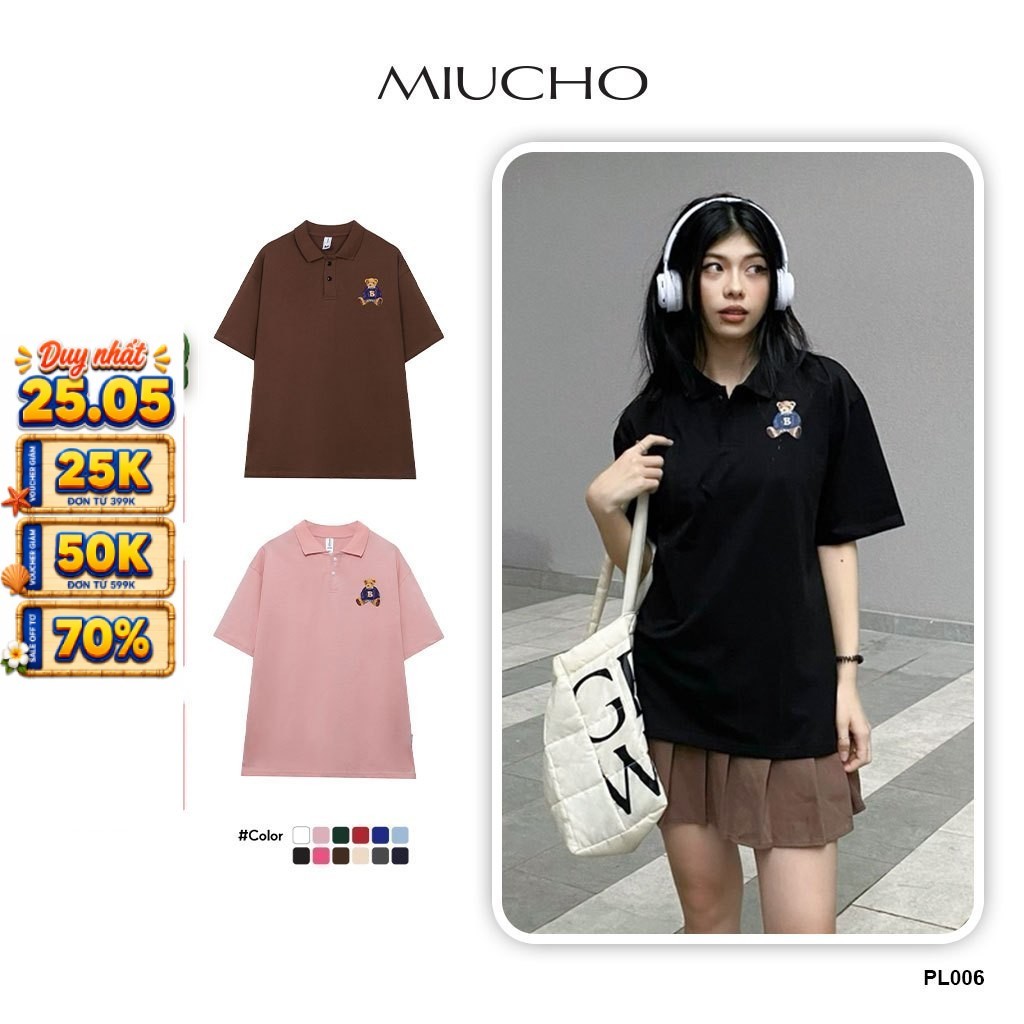 Áo polo nữ hình gấu form rộng có cổ đẹp chất cotton form unisex PL006 Miucho in hoạ tiết