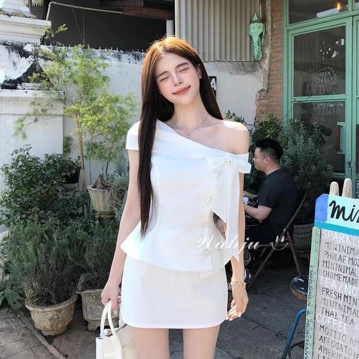 Set Áo Trễ Vai Phối Nơ Mix Chân Váy Ngắn(Váy có lót quần bảo hộ) Hb.studio S124 | BigBuy360 - bigbuy360.vn