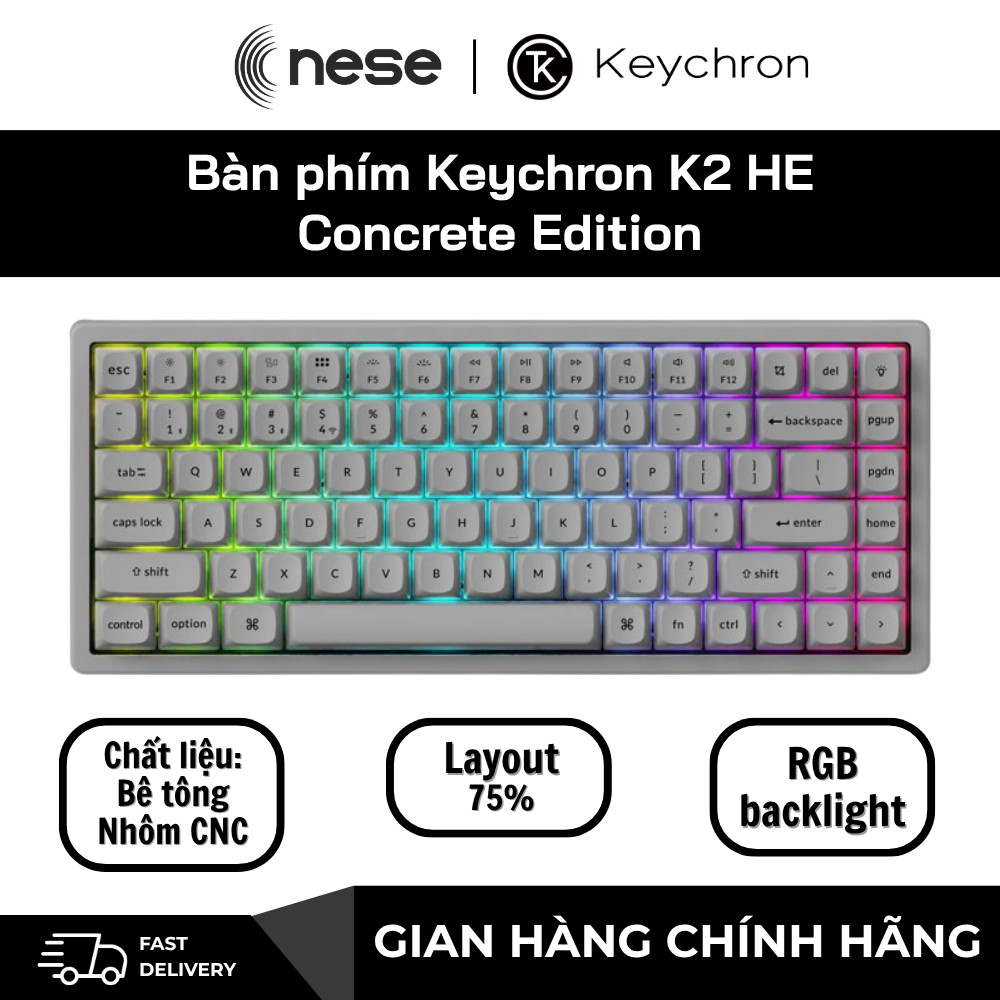 Bàn phím cơ không dây Keychron K2 HE Concrete Edition RGB Hotswap Aluminum (Magnetic Sw)