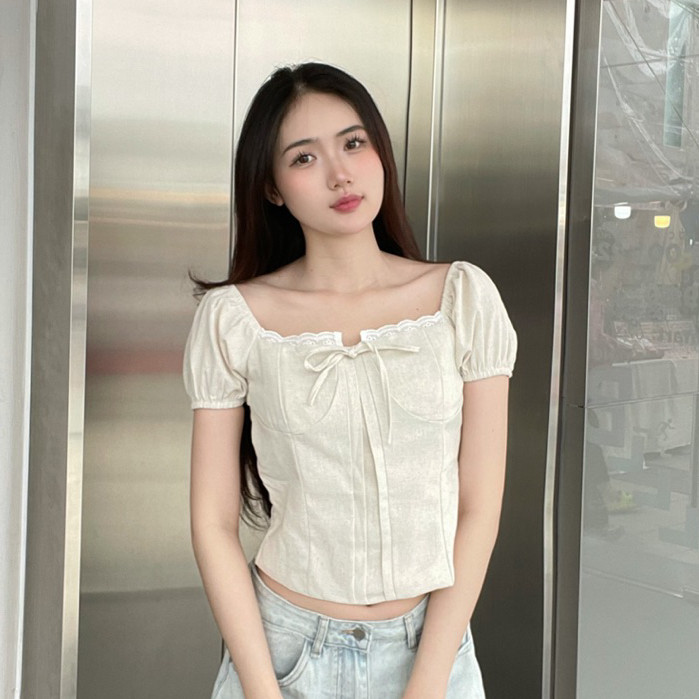 Áo babydoll nữ kiểu Linen tay phồng nơ ngực công chúa phong cách  M380