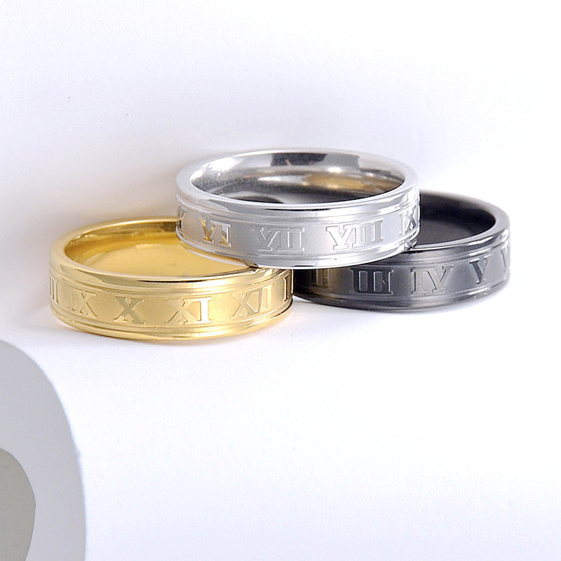 Nhẫn unisex vàng 18K, thép không gỉ, khắc chữ số La Mã, cá tính mạnh mẽ.