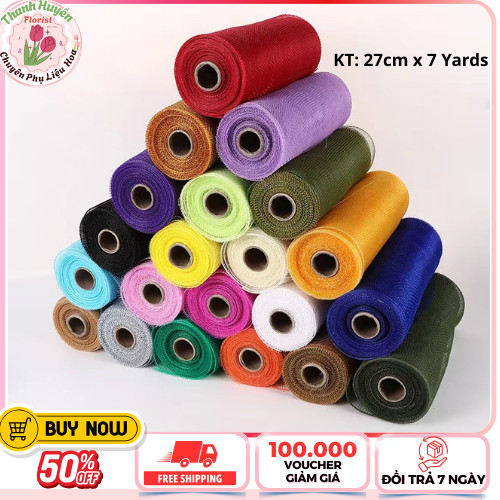 Cuộn Lưới Thô KIM TUYẾN Ngắn Trơn Bản Ngắn, Lưới Cứng Bó Hoa (KT 27cm x7 Yards). Chuyên Trang Trí Gi