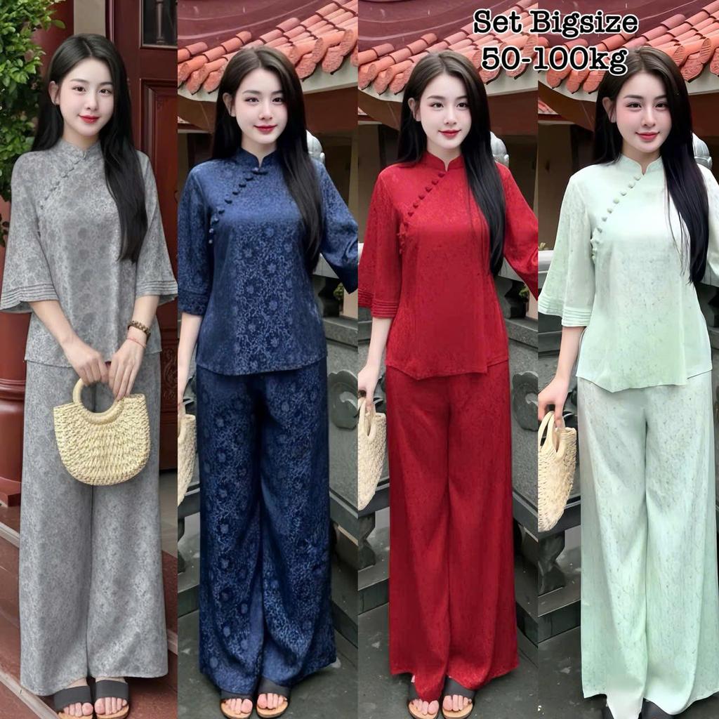 Bộ Đồ Lam Bigsize 50-100Kg Pháp Phục Đi Lễ Chùa Gấm Cao Cấp Phối Cúc Chéo Xinh Nhẹ Nhàng Tiểu Thư Nh