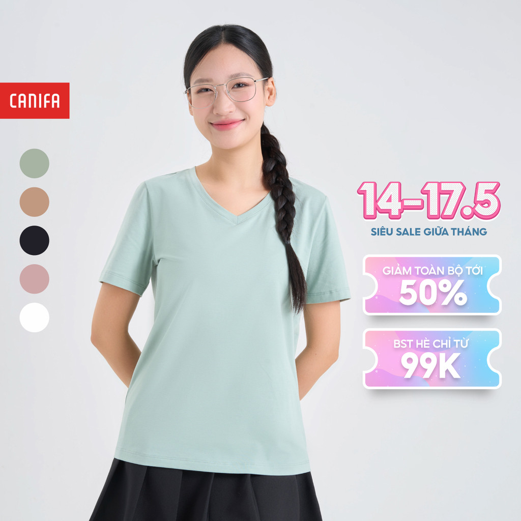 Áo phông trơn nữ cổ tim ngắn tay CANIFA 6TS25A002