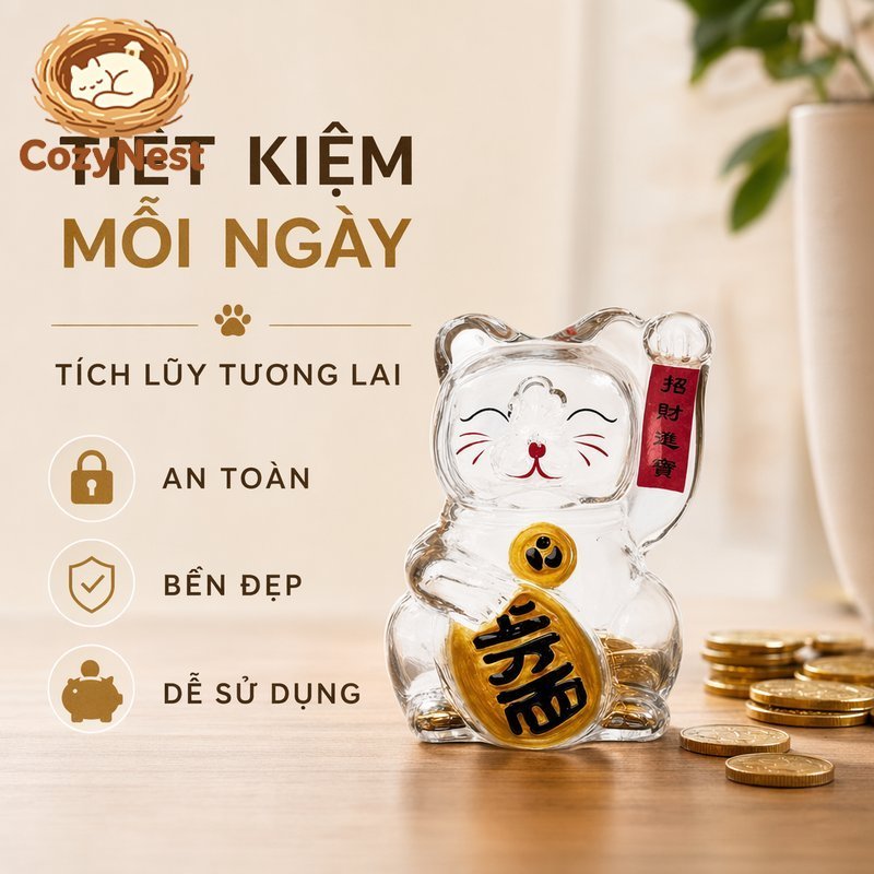 Lucky Cat Money Jar Glass Coin Bank Trang trí máy tính để bàn trong suốt Món quà dễ thương Nhà tối g