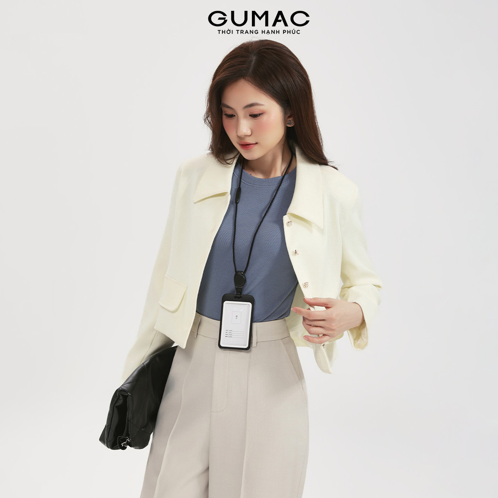 Áo khoác dạ nữ GUMAC dáng lửng suông 2 lớp phối lá cổ lật kèm hai nắp túi trang trí LOWF0903