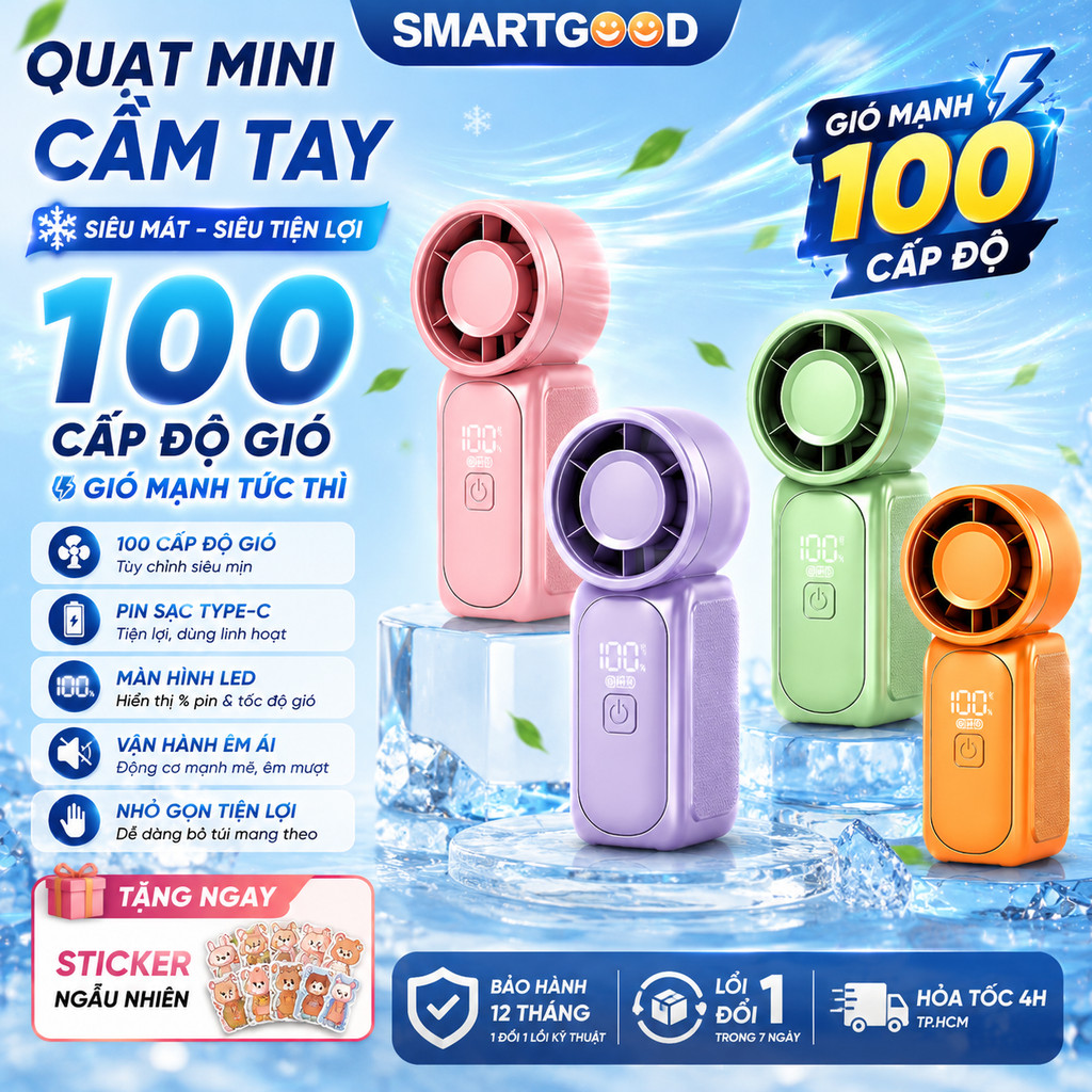 Quạt Cầm Tay Mini X688 100 Cấp Độ Gió, Quạt Tích Điện Mini Nhỏ Gọn Tiện Lợi