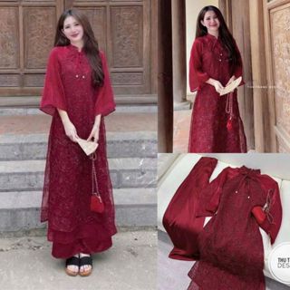  Set áo dài thời trang Nữ thiết kế mới chất ren kim tuyến sáng chói áo cổ tàu rút nơ tay lỡ trơn mix dài quần tuyết mưa 