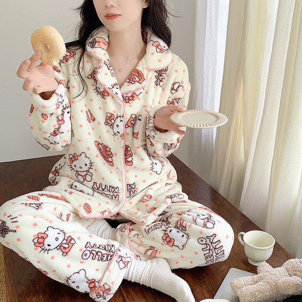nightgowns winter pajamas Bộ Đồ Ngủ Nữ Hello Kitty San Hô Lông Cừu Dài Tay, Flannel Dày Ấm Áp Cho Th
