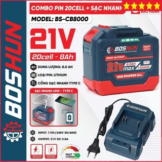 Combo Pin Sạc BOSHUN BS-CB8000, Pin 20cell 8Ah, Kèm Sạc nhanh 2A, Chân pin phổ thông, Vỏ ABS chống va đập, chống cháy