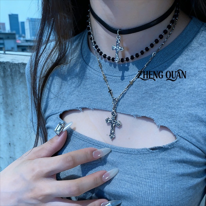 Choker hạt đen dây xích phong cách Y2K Gothic, phụ kiện trang sức phù hợp với style E-girl Grunge Fa