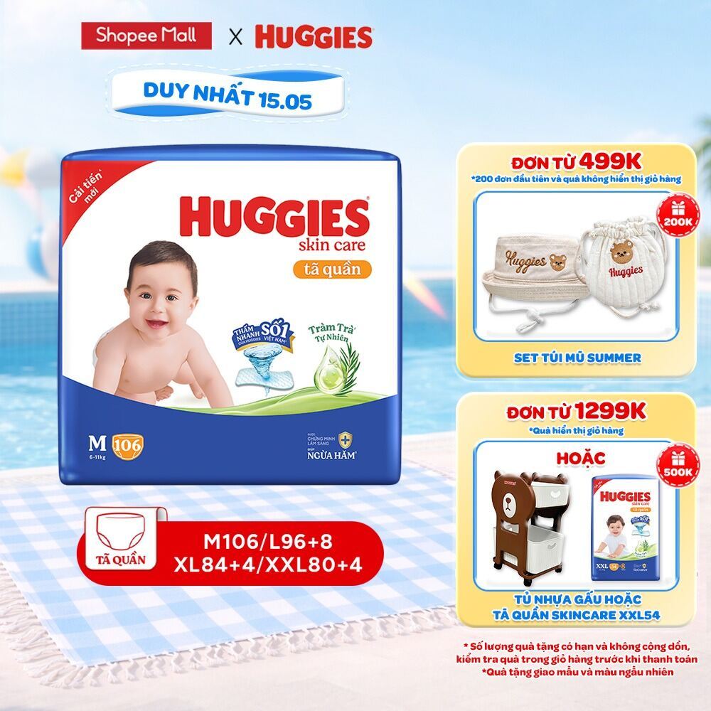 Tã quần Huggies Skincare Mega Jumbo M106/L96+8/XL84+4/XXL76+4 với tràm trà dịu da